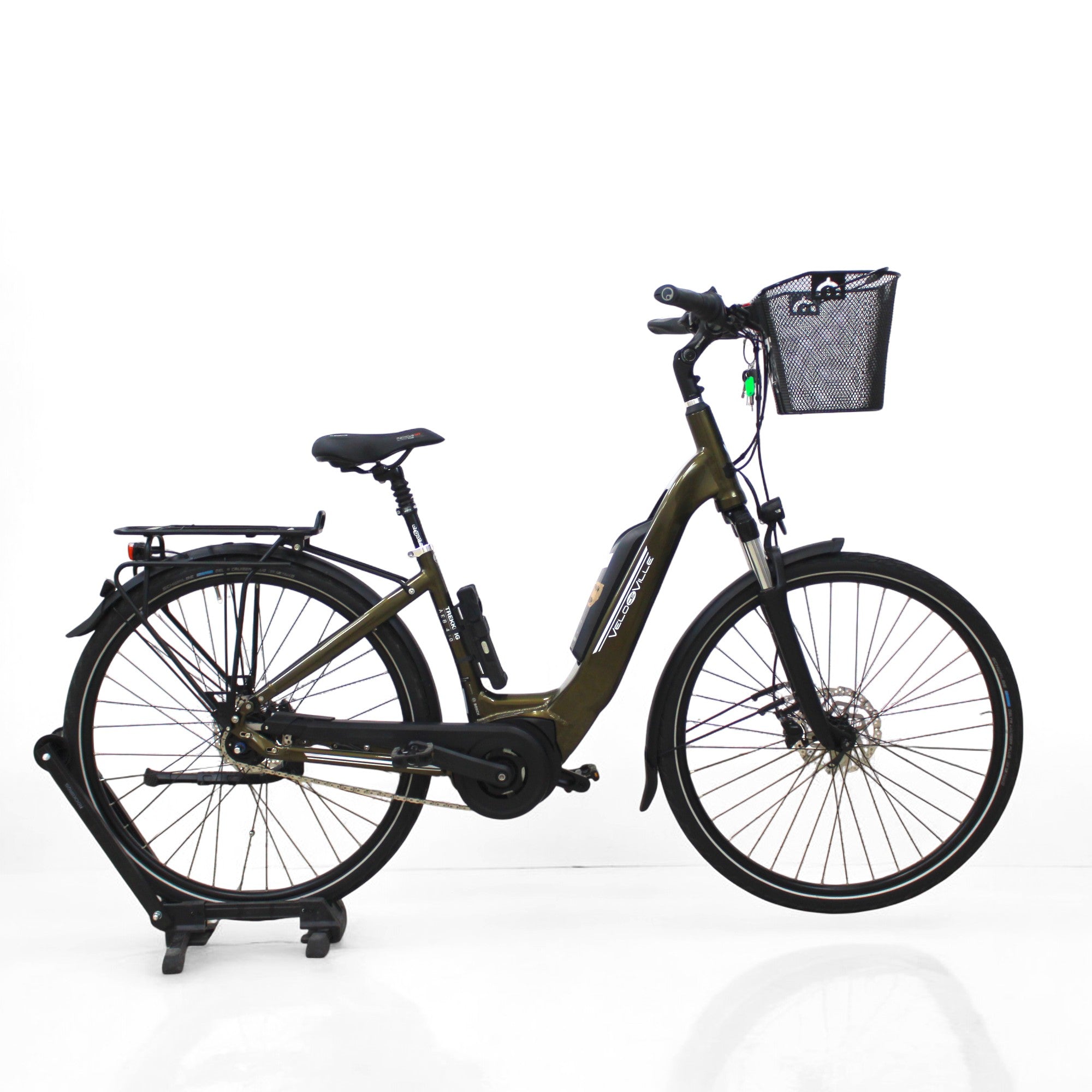 Vélo électrique Velo de ville AEB 400 kaki (panier + antivol inclus)