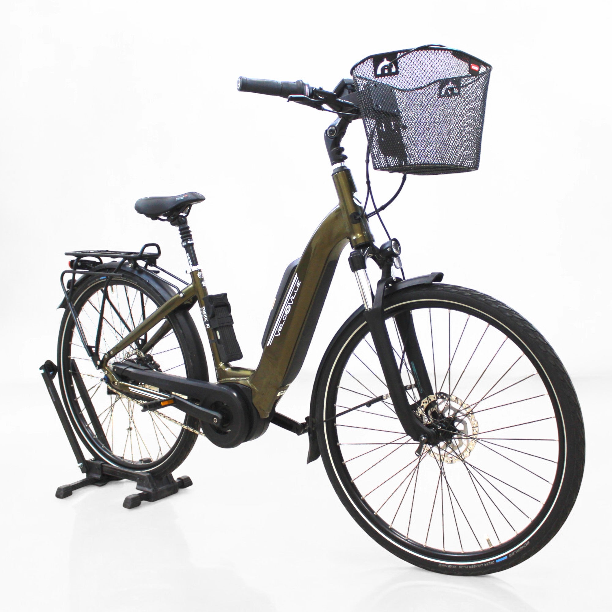 Vélo électrique Velo de ville AEB 400 kaki (panier + antivol inclus)